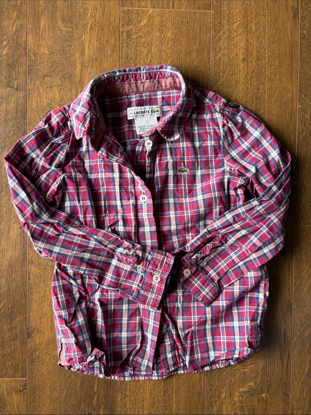 Lacoste Girls' Pink Red Plaid Button-Down Shirt